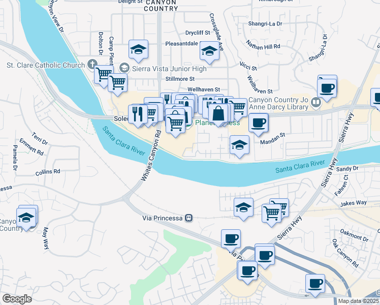 map of restaurants, bars, coffee shops, grocery stores, and more near 27077 Hidaway Avenue in Santa Clarita
