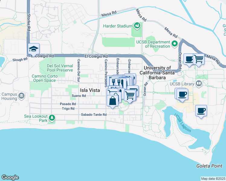 map of restaurants, bars, coffee shops, grocery stores, and more near 6581 Pardall Road in Goleta