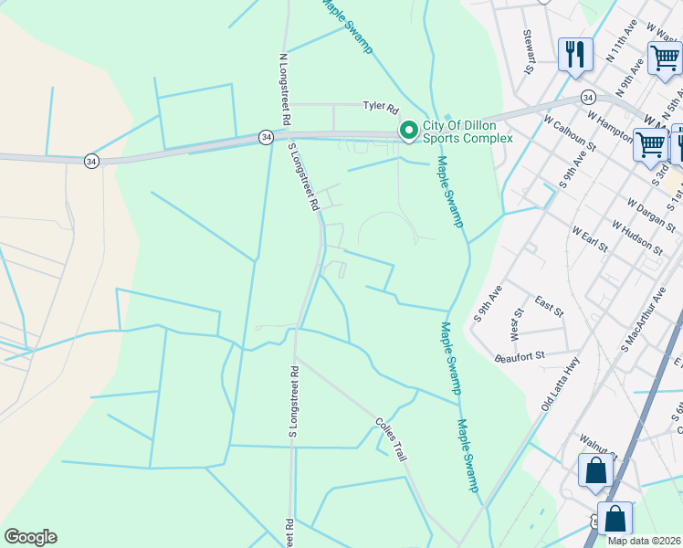 map of restaurants, bars, coffee shops, grocery stores, and more near 414 South Longstreet Road in Dillon