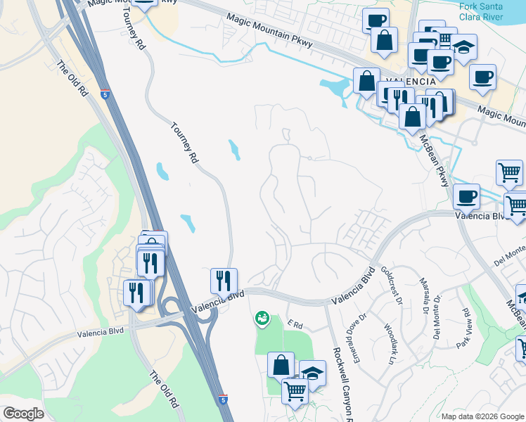 map of restaurants, bars, coffee shops, grocery stores, and more near 26907 Woodlands Drive in Santa Clarita