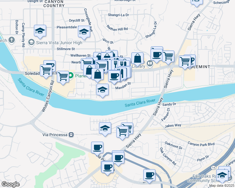 map of restaurants, bars, coffee shops, grocery stores, and more near 27240 Luther Drive in Santa Clarita