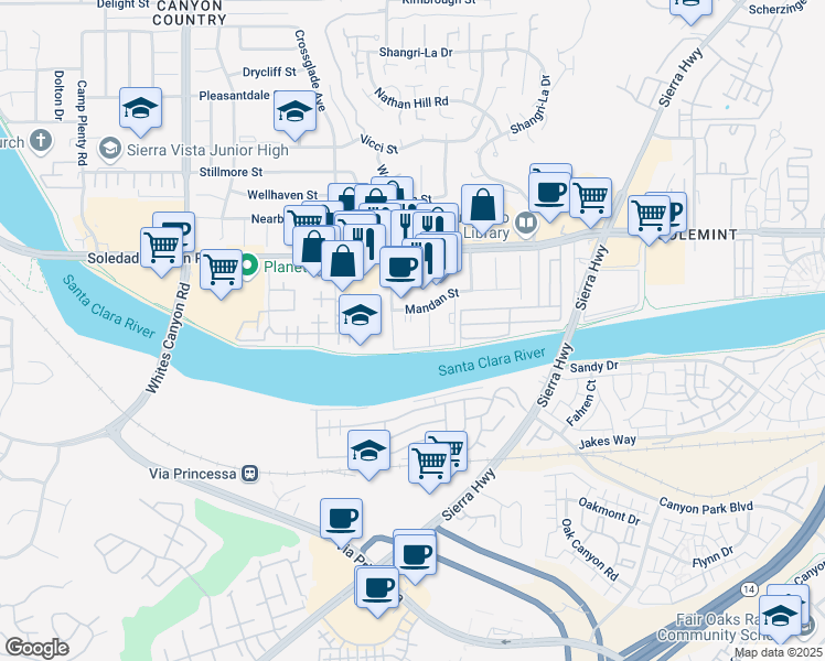 map of restaurants, bars, coffee shops, grocery stores, and more near 27236 Luther Drive in Santa Clarita