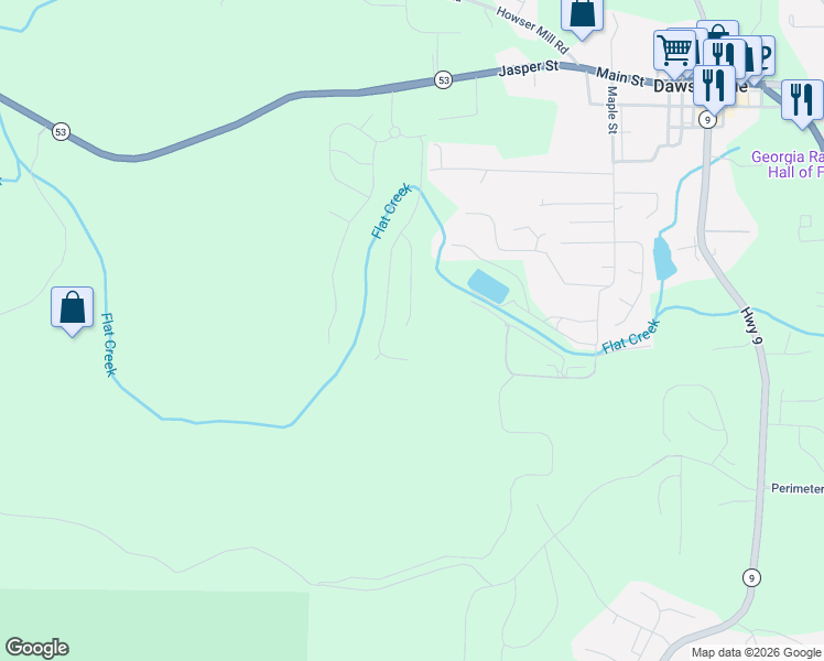 map of restaurants, bars, coffee shops, grocery stores, and more near 393 Flowing Trail in Dawsonville