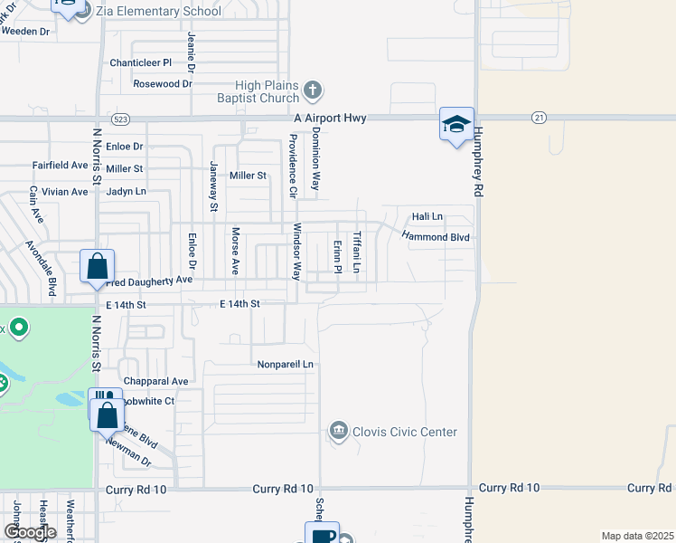 map of restaurants, bars, coffee shops, grocery stores, and more near 1654 Erinn Place in Clovis