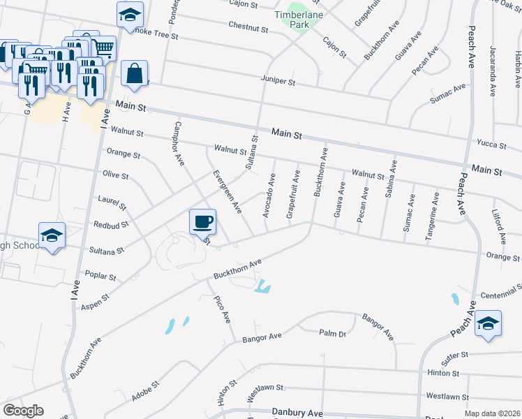 map of restaurants, bars, coffee shops, grocery stores, and more near Avocado Avenue in Hesperia