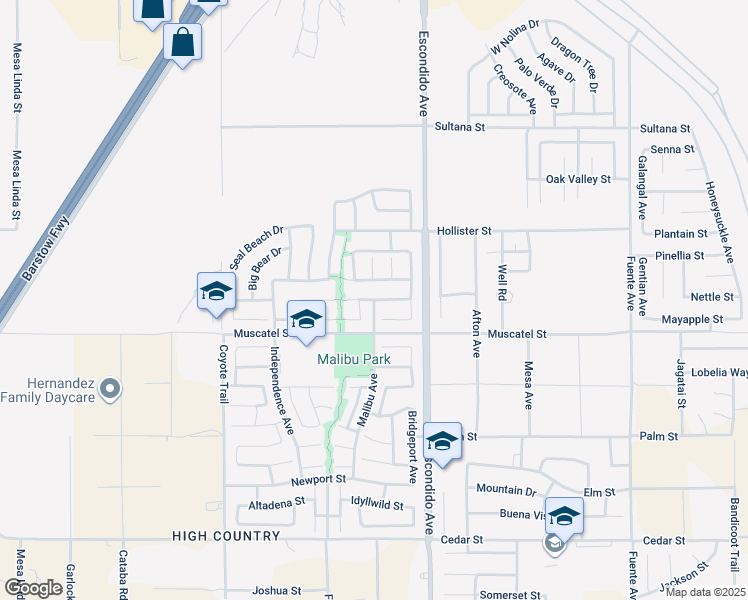 map of restaurants, bars, coffee shops, grocery stores, and more near 13171 Sunland Street in Hesperia