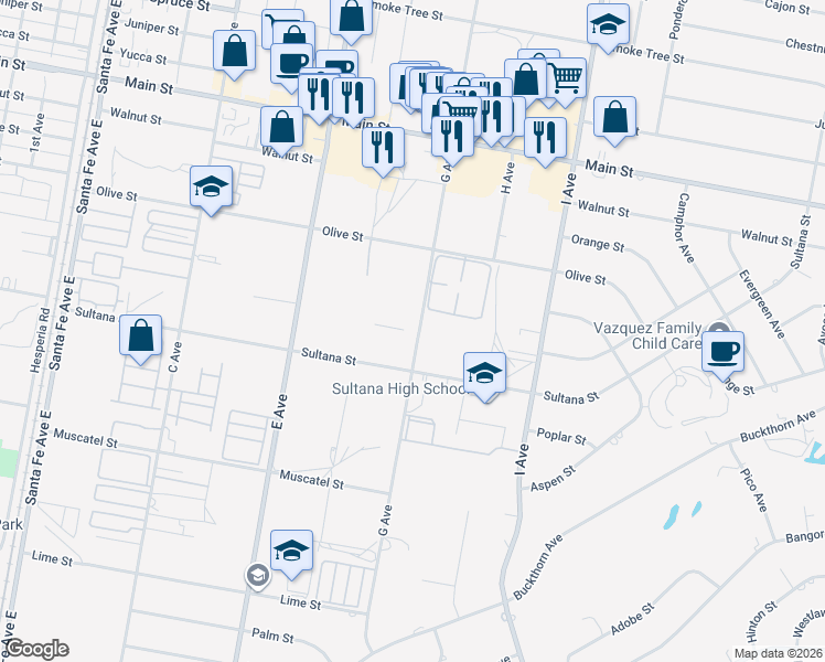 map of restaurants, bars, coffee shops, grocery stores, and more near 8890 G Avenue in Hesperia