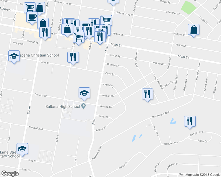 map of restaurants, bars, coffee shops, grocery stores, and more near 17441 Laurel Street in Hesperia