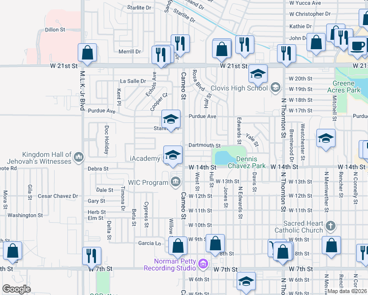 map of restaurants, bars, coffee shops, grocery stores, and more near 1404 West 15th Street in Clovis