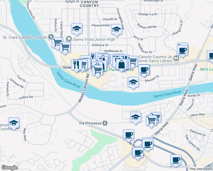 map of restaurants, bars, coffee shops, grocery stores, and more near 27077 Hidaway Avenue in Santa Clarita