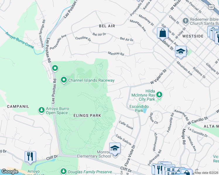 map of restaurants, bars, coffee shops, grocery stores, and more near 1550 West Valerio Street in Santa Barbara