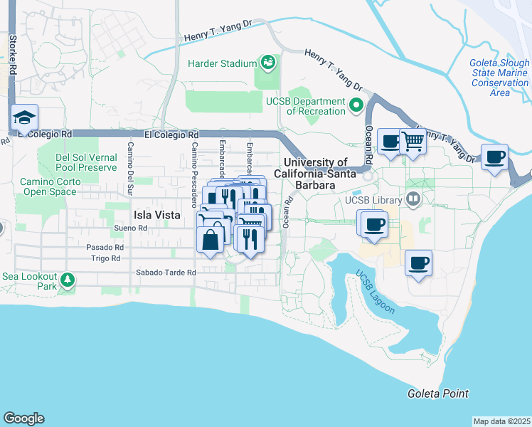 map of restaurants, bars, coffee shops, grocery stores, and more near 6509 Pardall Road in Goleta