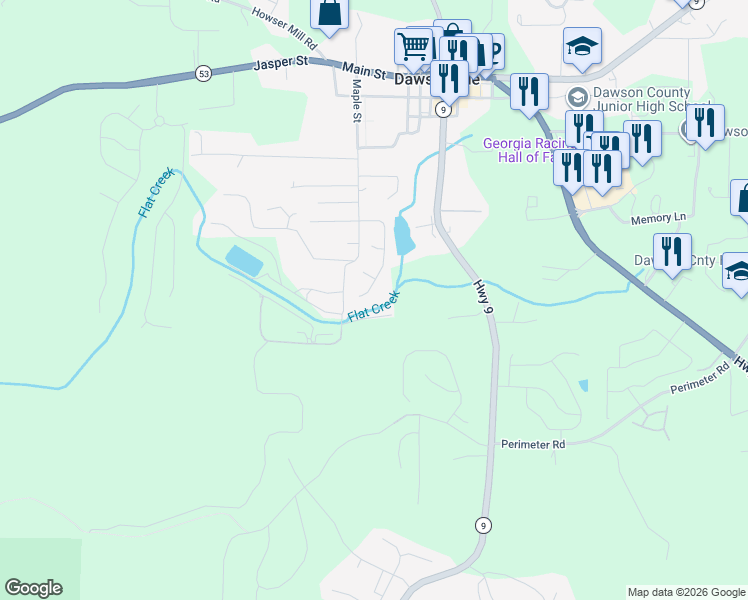 map of restaurants, bars, coffee shops, grocery stores, and more near 93 Southwest Border Avenue in Dawsonville