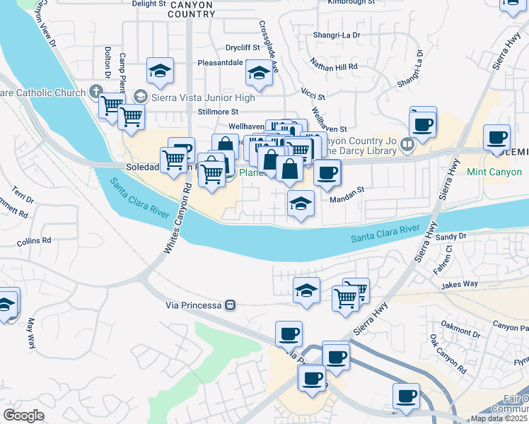 map of restaurants, bars, coffee shops, grocery stores, and more near 27072 Hidaway Avenue in Santa Clarita
