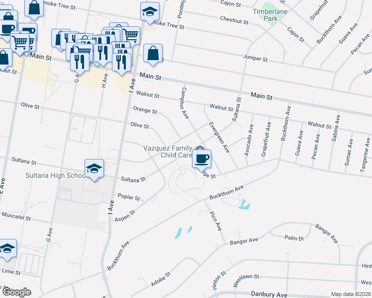map of restaurants, bars, coffee shops, grocery stores, and more near 17608 Sultana Street in Hesperia