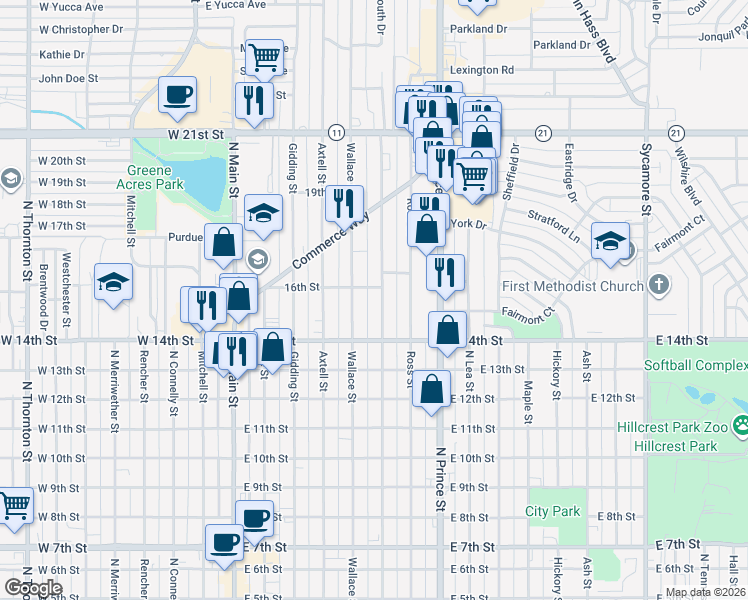map of restaurants, bars, coffee shops, grocery stores, and more near 1425 Wallace Street in Clovis