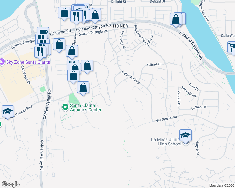 map of restaurants, bars, coffee shops, grocery stores, and more near 20334 Colina Drive in Santa Clarita