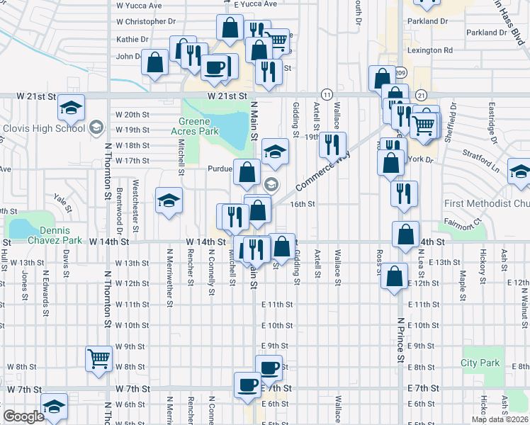 map of restaurants, bars, coffee shops, grocery stores, and more near 100 Commerce Way in Clovis