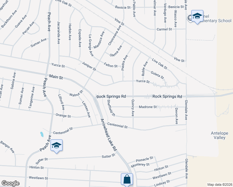 map of restaurants, bars, coffee shops, grocery stores, and more near 18839 Rock Springs Road in Hesperia