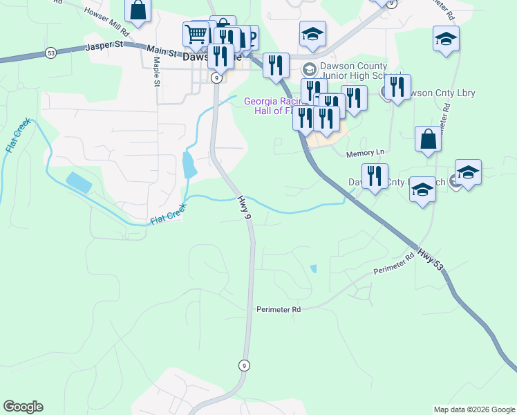 map of restaurants, bars, coffee shops, grocery stores, and more near 591 Georgia 9 in Dawsonville