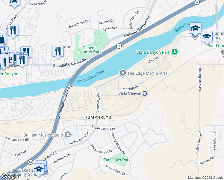 map of restaurants, bars, coffee shops, grocery stores, and more near 17350 Humphreys Parkway in Santa Clarita