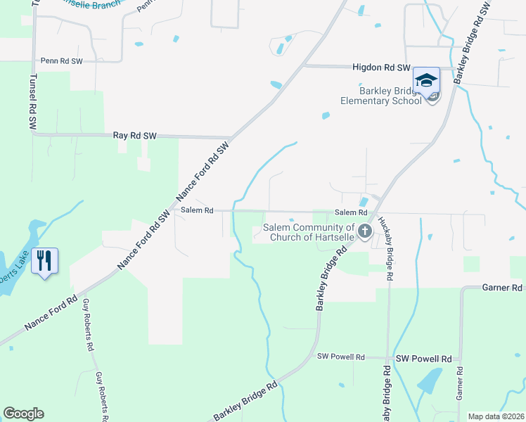 map of restaurants, bars, coffee shops, grocery stores, and more near 1205 Salem Road Southwest in Hartselle