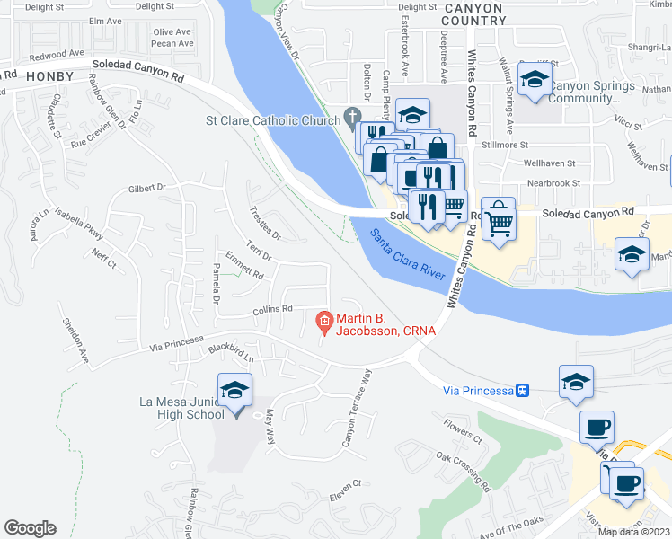 map of restaurants, bars, coffee shops, grocery stores, and more near 26706 Madigan Drive in Santa Clarita