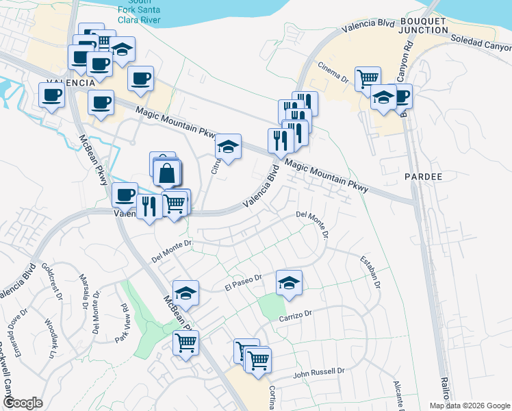 map of restaurants, bars, coffee shops, grocery stores, and more near 23725 Del Monte Drive in Santa Clarita