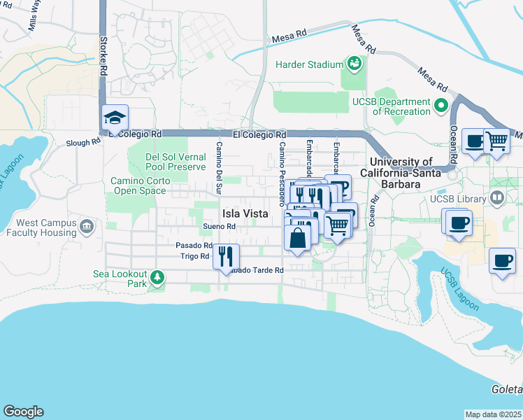 map of restaurants, bars, coffee shops, grocery stores, and more near in Isla Vista