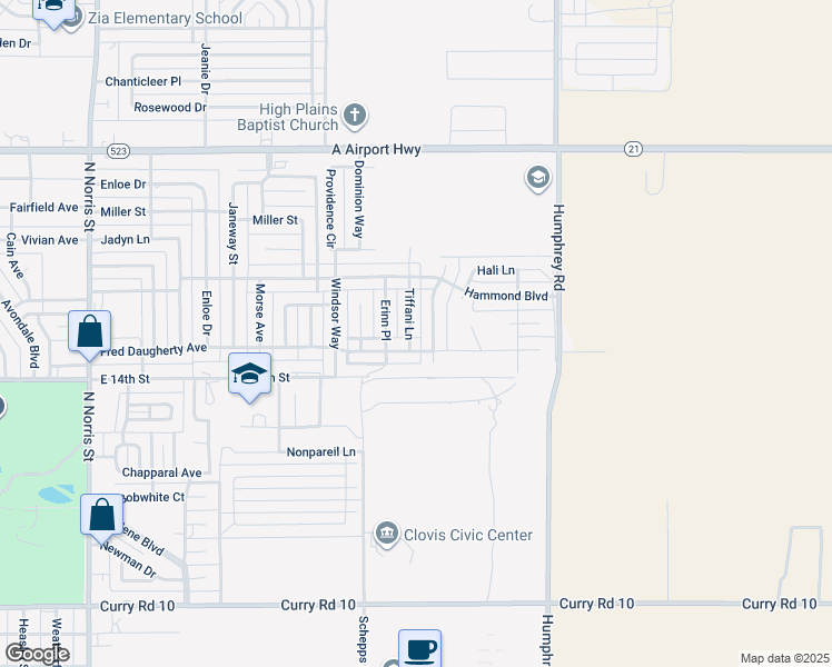 map of restaurants, bars, coffee shops, grocery stores, and more near 2717 Fred Daugherty Avenue in Clovis