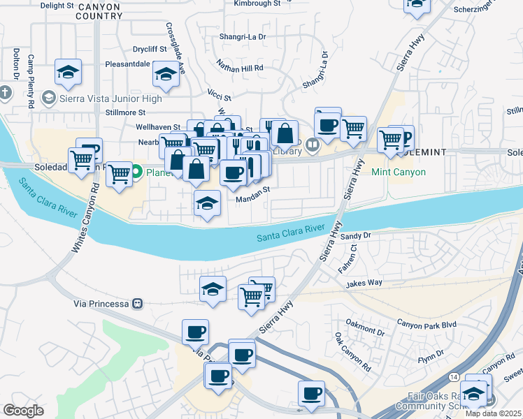 map of restaurants, bars, coffee shops, grocery stores, and more near 18750 Mandan Street in Santa Clarita