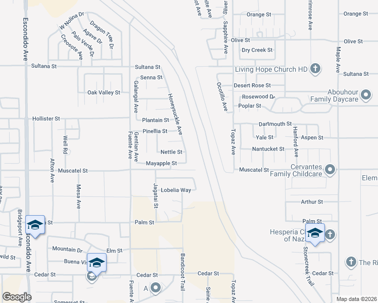map of restaurants, bars, coffee shops, grocery stores, and more near 8945 Honeysuckle Avenue in Hesperia
