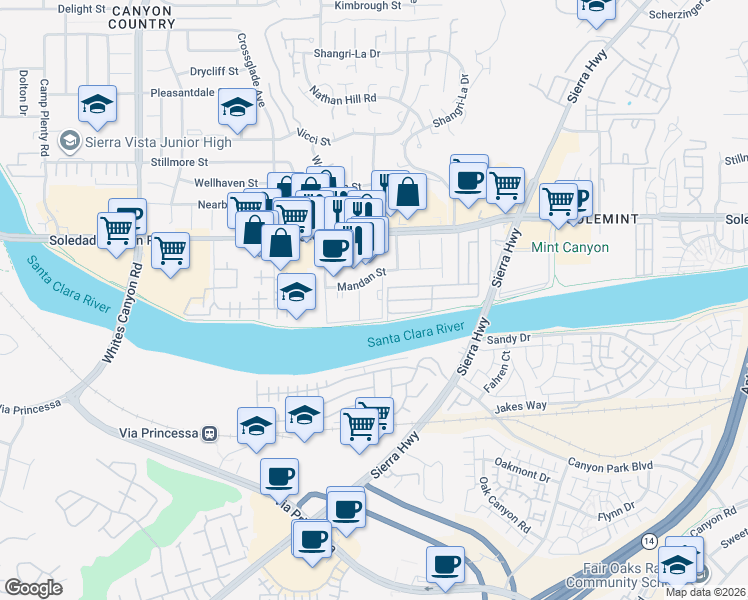 map of restaurants, bars, coffee shops, grocery stores, and more near 18756 Mandan Street in Santa Clarita