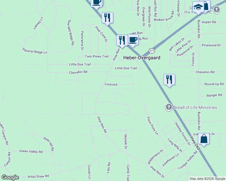 map of restaurants, bars, coffee shops, grocery stores, and more near 2952 Country View Lane in Heber-Overgaard
