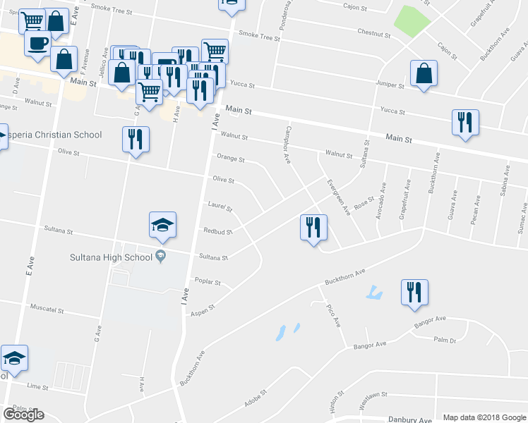 map of restaurants, bars, coffee shops, grocery stores, and more near 17698 Olive Street in Hesperia