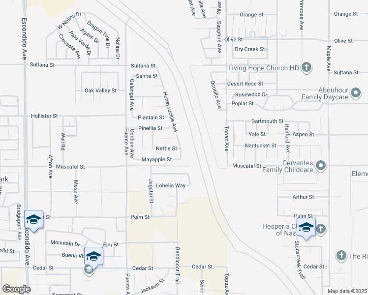 map of restaurants, bars, coffee shops, grocery stores, and more near 8945 Honeysuckle Avenue in Hesperia