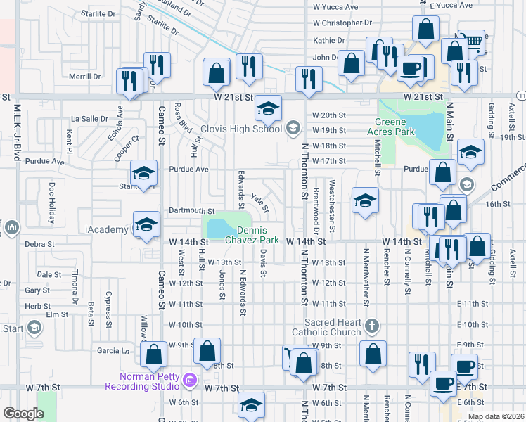 map of restaurants, bars, coffee shops, grocery stores, and more near 100 Yale Street in Clovis