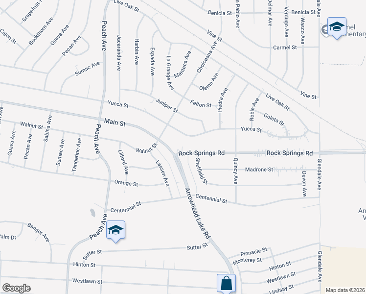 map of restaurants, bars, coffee shops, grocery stores, and more near 18746 Rock Springs Road in Hesperia