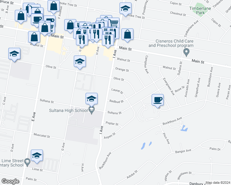 map of restaurants, bars, coffee shops, grocery stores, and more near 17421 Laurel Street in Hesperia