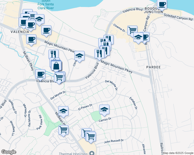 map of restaurants, bars, coffee shops, grocery stores, and more near 225 La Vita Court in Santa Clarita
