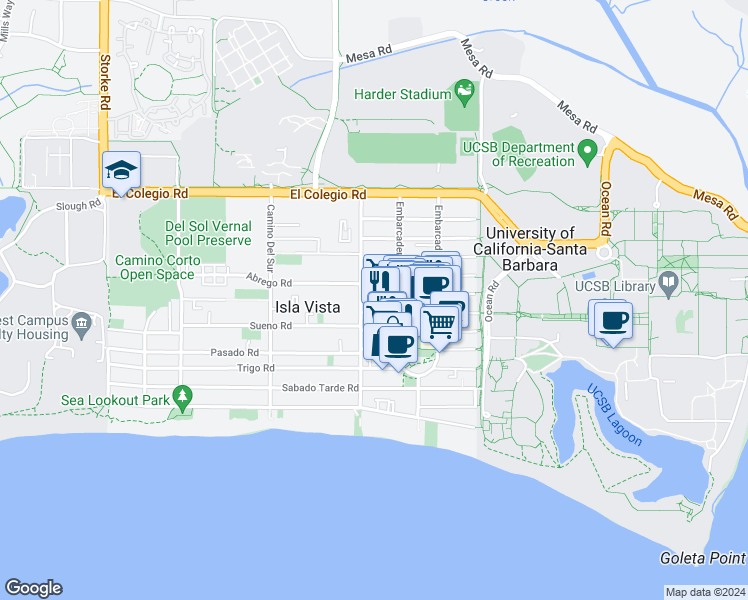 map of restaurants, bars, coffee shops, grocery stores, and more near 6591 Cordoba Road in Isla Vista
