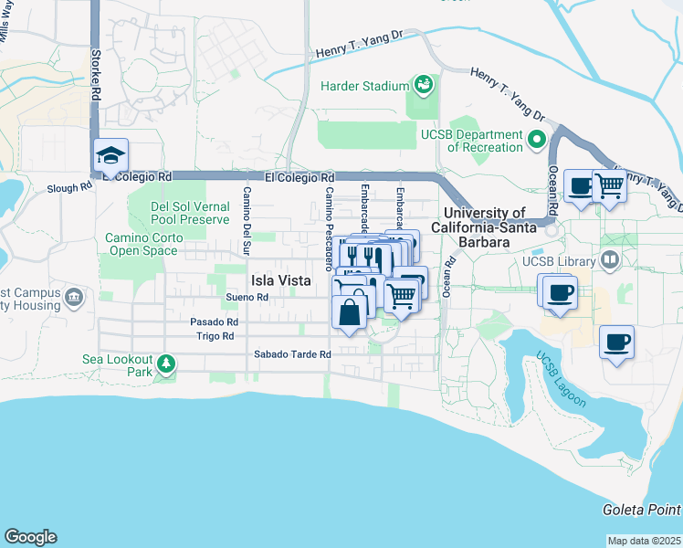 map of restaurants, bars, coffee shops, grocery stores, and more near 6591 Cordoba Road in Isla Vista