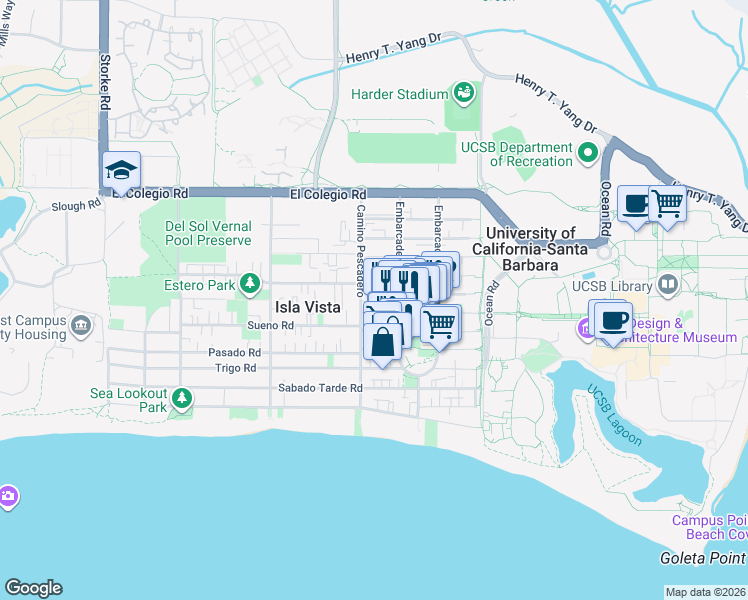 map of restaurants, bars, coffee shops, grocery stores, and more near 6581 Pardall Road in Goleta