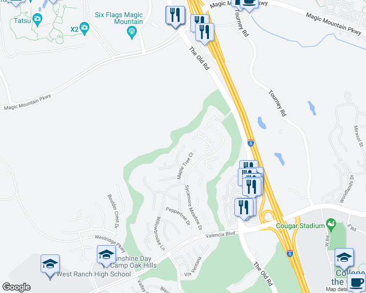 map of restaurants, bars, coffee shops, grocery stores, and more near 27164 Cedar Ridge Place in Stevenson Ranch