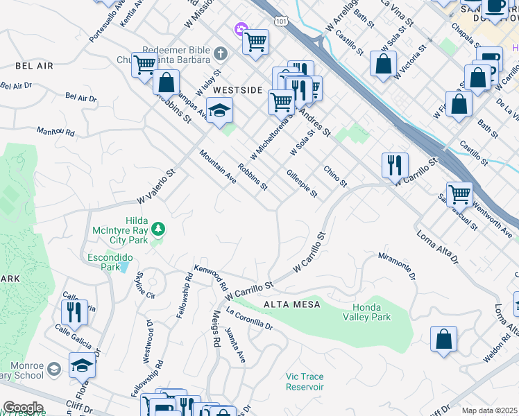 map of restaurants, bars, coffee shops, grocery stores, and more near 1215 Miramonte Drive in Santa Barbara