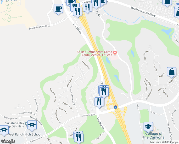 map of restaurants, bars, coffee shops, grocery stores, and more near 25411 Eagle Lane in Los Angeles County