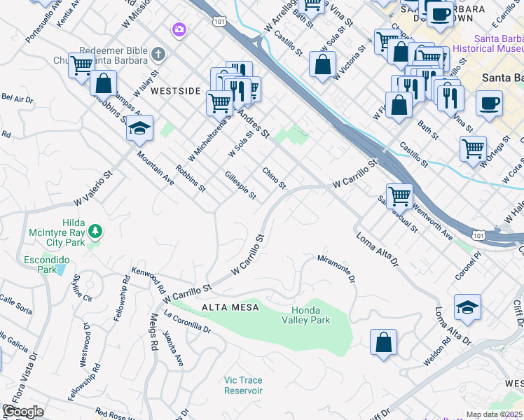 map of restaurants, bars, coffee shops, grocery stores, and more near 925 West Anapamu Street in Santa Barbara
