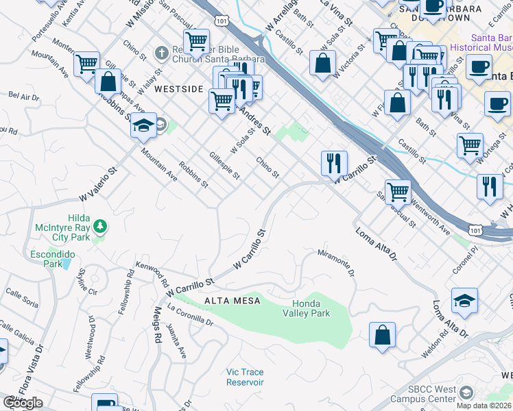 map of restaurants, bars, coffee shops, grocery stores, and more near 925 West Anapamu Street in Santa Barbara