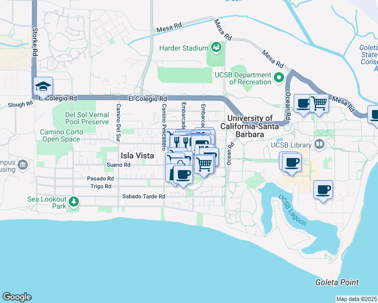 map of restaurants, bars, coffee shops, grocery stores, and more near in Isla Vista