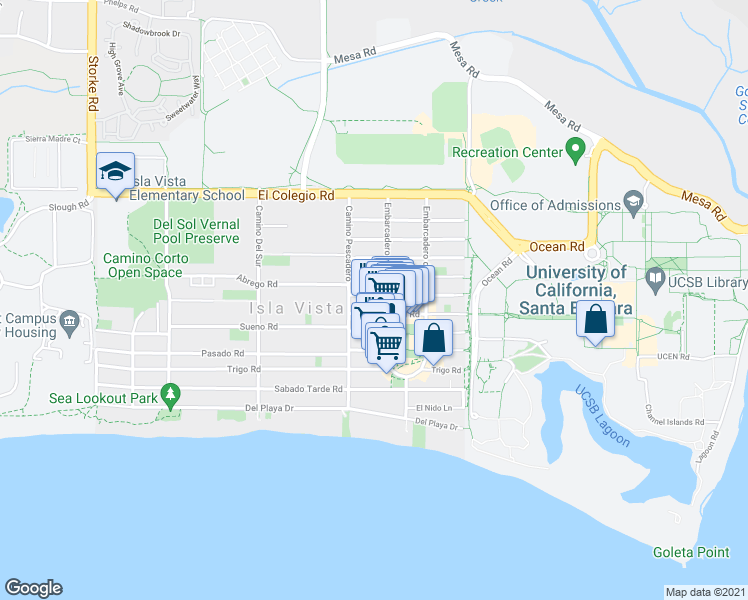 map of restaurants, bars, coffee shops, grocery stores, and more near 6581 Pardall Road in Goleta